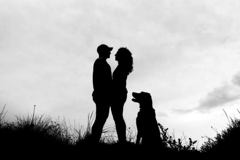 Siluetas de una pareja y su perro bajo un cielo nublado