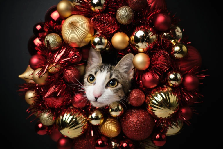 Gato asomándose entre adornos de Navidad